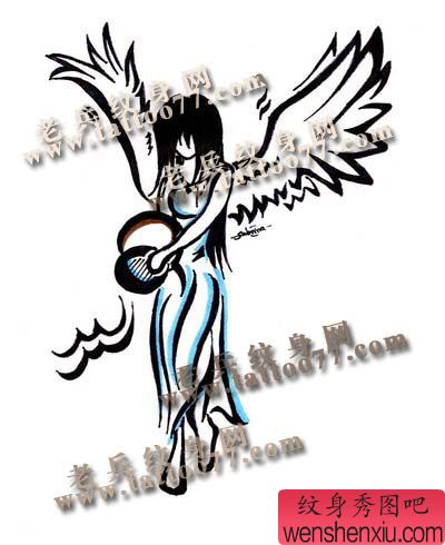 星座纹身图案：精美的水瓶座天使纹身图案图片