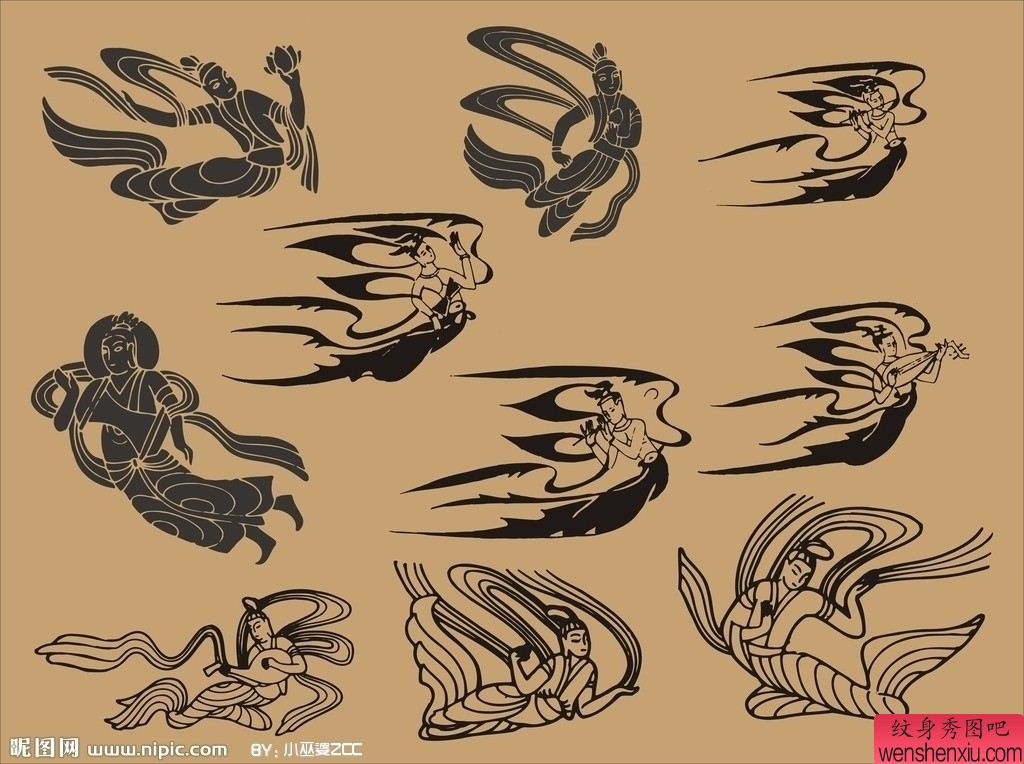 一组图腾飞天纹身图案图片