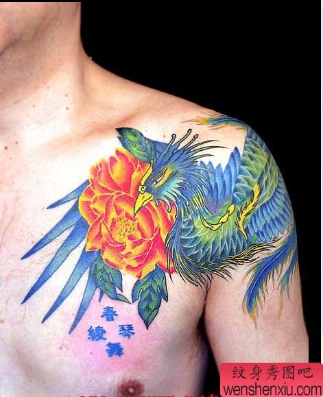 专业纹身图库:过肩凤凰牡丹纹身图案图片