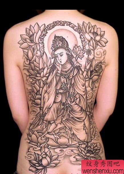 刺青图案:满背观音莲花纹身图案图片