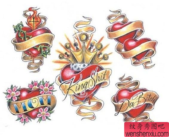 爱心纹身图案:彩色爱心飘带纹身图案纹身图片