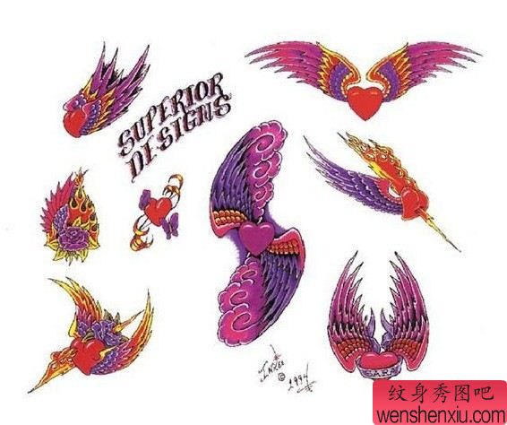 纹身图案:彩色爱心翅膀纹身图案纹身图片
