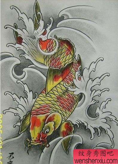 鲤鱼纹身图案：彩色鲤鱼纹身图案纹身图片