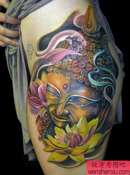 传统纹身图案:大腿重彩佛与莲花纹身图案图片