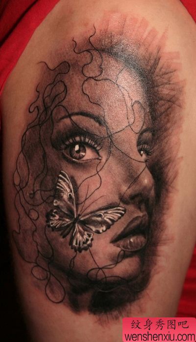 大臂美女肖像蝴蝶纹身图案图片(tattoo)
