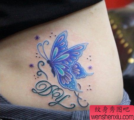 女性纹身图案:腰部华丽彩色蝴蝶纹身图案纹身图片