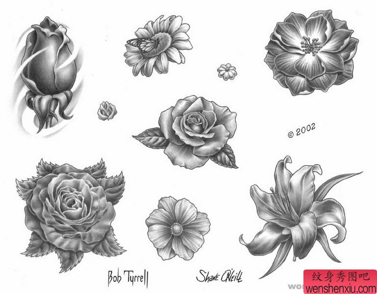黑灰素描图案：玫瑰百合纹身向日葵纹身图案图片