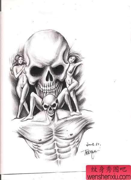 素描鬼骷髅纹身图案
