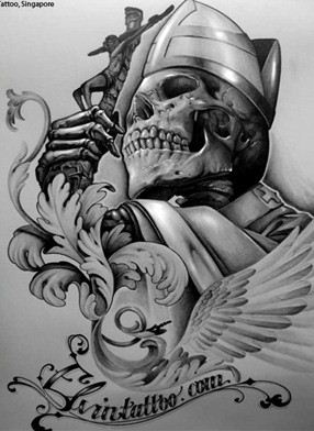 素描骷髅头翅膀纹身图案