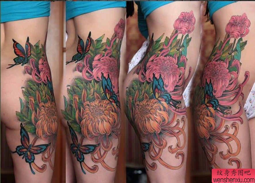 美女侧腰菊花蝴蝶纹身图案