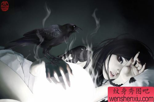经典美女乌鸦纹身图案