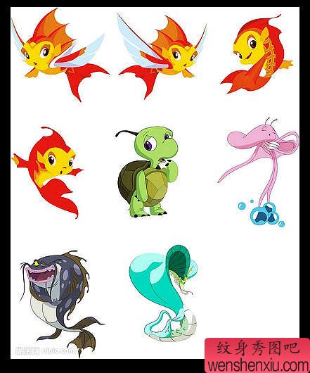 可爱的卡通金鱼纹身图案