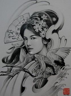 经典漂亮古典美女纹身图案