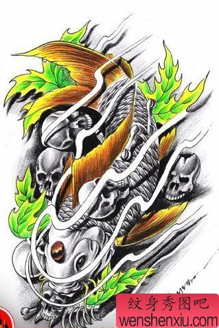 纹身图案：经典流行超帅的鲤鱼锦鲤叶子骷髅纹身图案（精品）