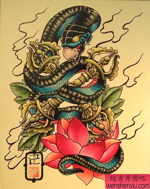 纹身图案:男性纹身图案之超酷超赞的蛇金刚杵莲花纹身图案(精品)