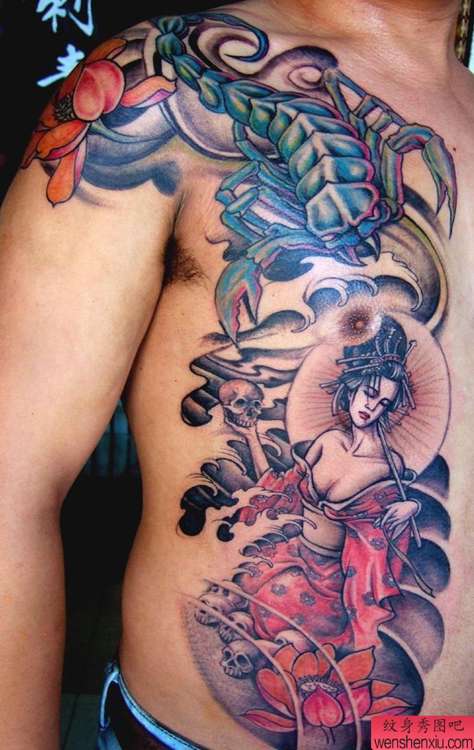 腹部胸部纹身图案:腹部蝎子古典美女纹身图案图片(经典)