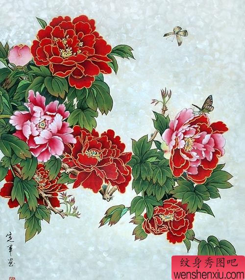 非常适合做纹身的富贵牡丹纹身图案~