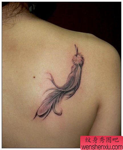 纹身图案:经典美女背部羽毛纹身图案