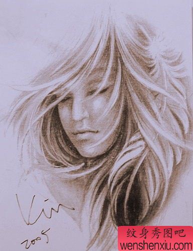纹身图案:经典美女肖像及羽毛纹身图案