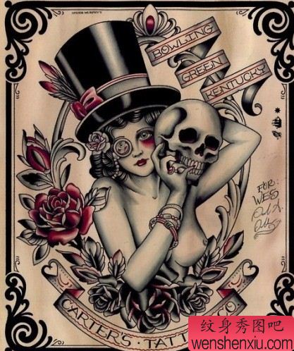 纹身图案：经典欧美美女骷髅花卉纹身图案图片