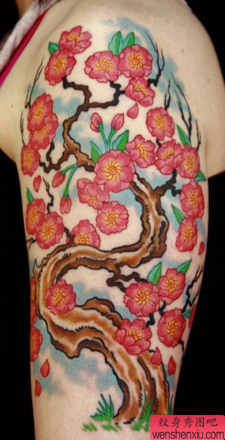 纹身520图库：大臂梅花刺青图案图片