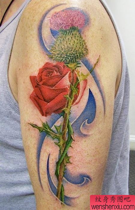 手臂红色玫瑰纹身图案图片