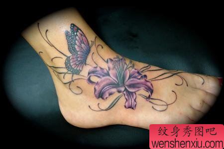 刺青培训学校:脚踝百合蝴蝶刺青图案