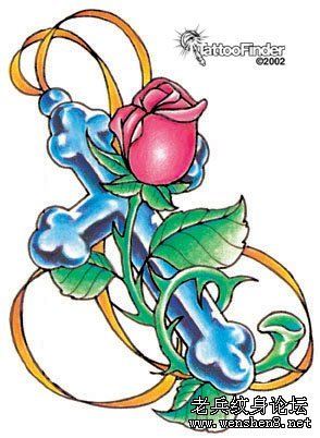 纹身图案：十字架玫瑰纹身图案