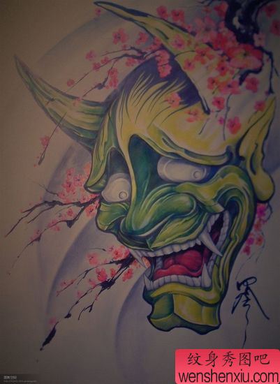 般若纹身图案:彩色般若樱花纹身图案纹身图片