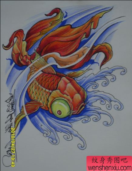 金鱼纹身图案:彩色金鱼纹身图案纹身图片