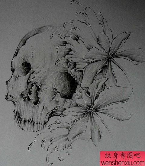 骷髅纹身图案:骷髅花卉纹身图案纹身图片