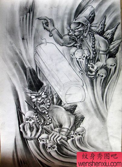 满背黑灰无常纹身图案:满背无常鬼纹身图案纹身图片