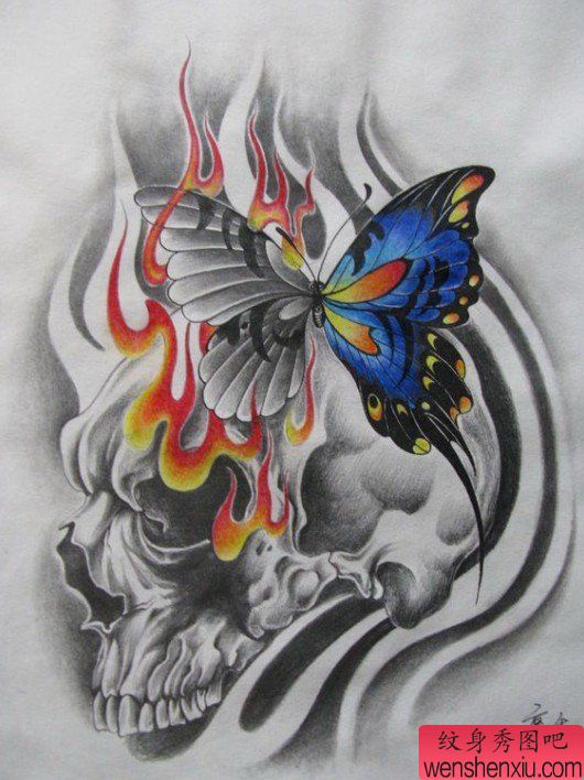 蝴蝶骷髅纹身图案图片手稿