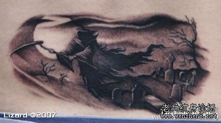 死神纹身图案：腰部死神墓地纹身图案纹身图片
