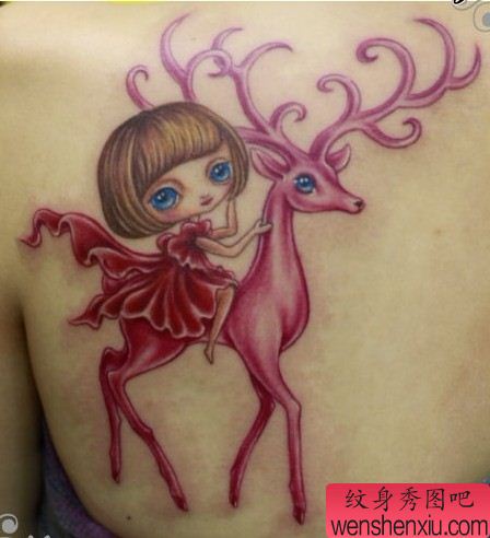 女性纹身图案：肩部卡通娃娃小鹿纹身图案纹身图片