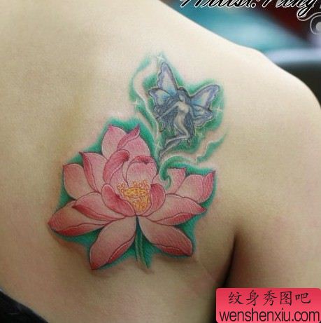 女性纹身图案：肩部彩色莲花精灵纹身图案纹身图片