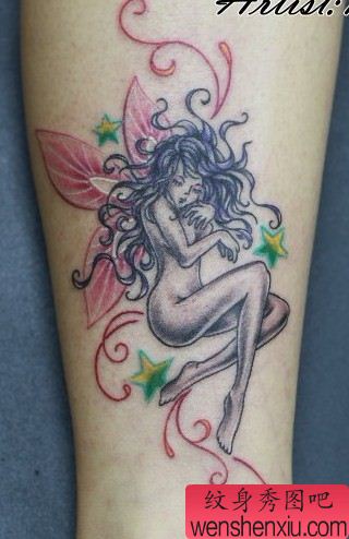 女性纹身图案：腿部彩色精灵纹身图案纹身图片