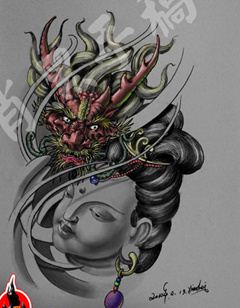 一幅适合做大臂上的观音麒麟纹身图片