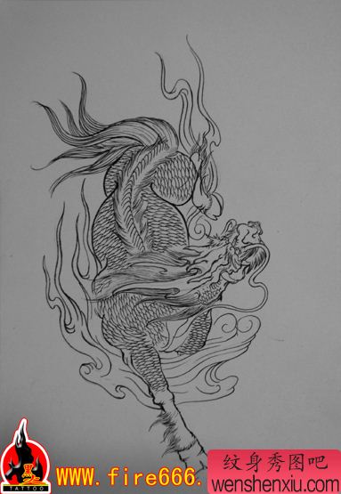 一幅割线麒麟纹身图案