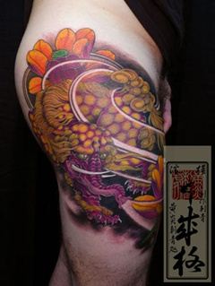 男人腿部重彩貔貅纹身图案