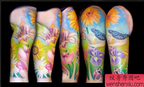 花卉纹身图案：手臂彩色向日葵花卉七星瓢虫蝴蝶纹身图案