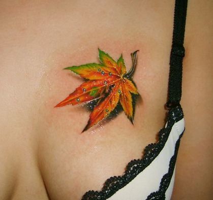 胸部纹身图案:胸部3D彩色枫叶纹身图案