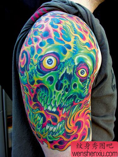 骷髅纹身图案：手臂彩色骷髅纹身图案