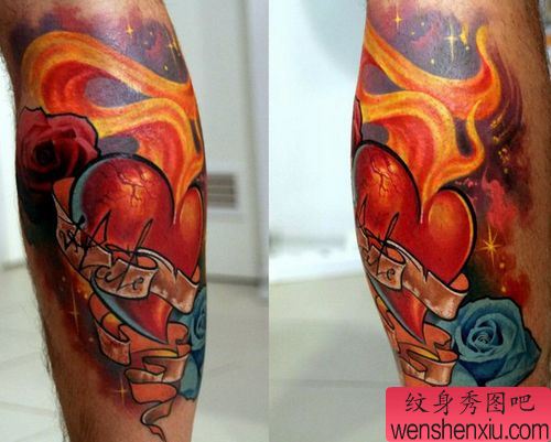 腿部纹身图案：腿部彩色爱心火焰玫瑰纹身图案