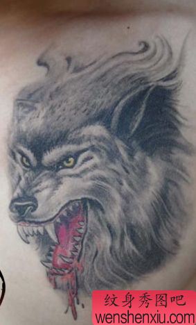 狼纹身图案:胸部滴血狼头纹身图案