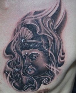 观音纹身图案:胸部观音头像佛像纹身图案