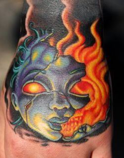 手背纹身图案:手背欧美鬼娃娃面具火焰纹身图案