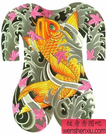 鲤鱼纹身图案:满背彩色鲤鱼纹身图案