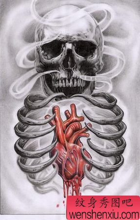 骷髅纹身图案:经典流行骷髅心脏纹身图案