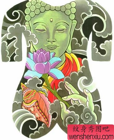 满背佛纹身图案:满背彩色佛莲花纹身图案
